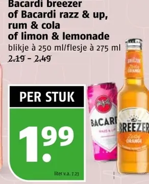 Aanbieding: Bacardi breezer of Bacardi razz & up, rum & c