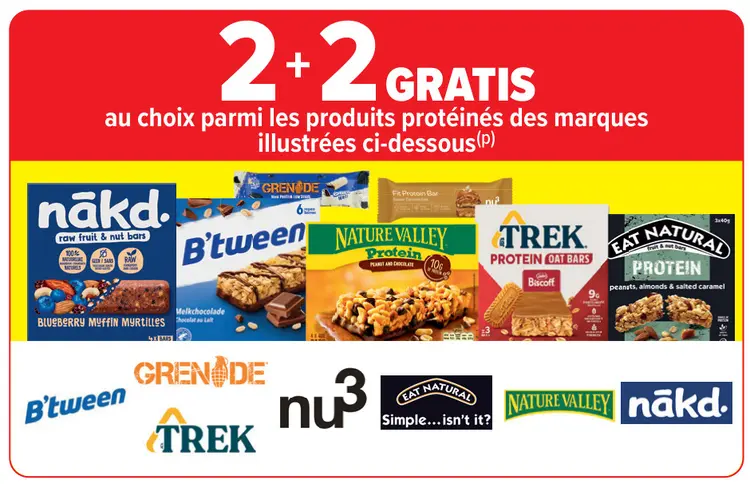 Offre: Produits protéinés B'tween, Grenade, Trek, nu3, Eat Natural, Nature Valley et Nakd