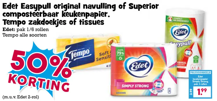 Aanbieding: Edet Easypull original navulling of Superior composteerbaar keukenpapier, Tempo zakdoekjes of tissues