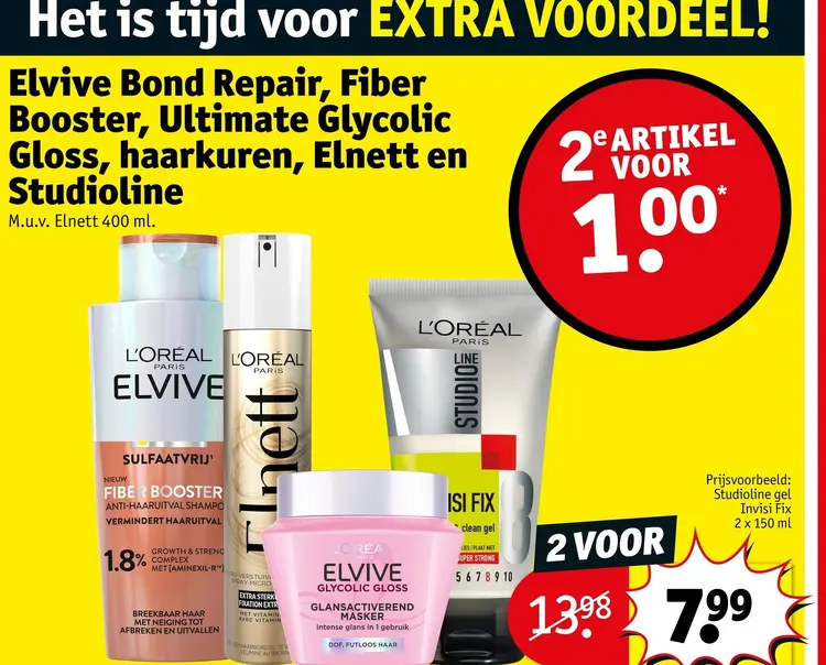 Aanbieding: Elvive Bond Repair, Fiber Booster, Ultimate Glycolic Gloss, haarkuren, Elnett en Studioline