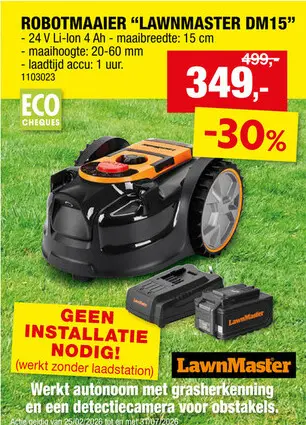 Promotie: LawnMaster robotmaaier 24V Li-Ion 300m² + accu 24V 4Ah + lader