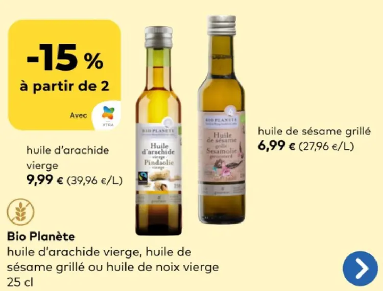 Offre: huile d'arachide vierge, huile de sésame gril