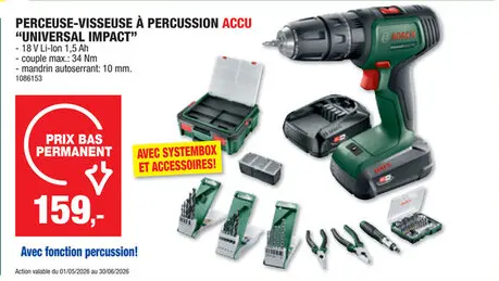 Offre: UniversalImpact 18V perceuse-visseuse à  percussion sans fil 18V Li-Ion + 2 batteries + chargeur + accessoires