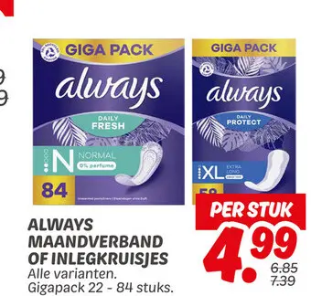 Aanbieding: ALWAYS MAANDVERBAND OF INLEGKRUISJES