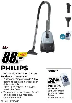 Offre: 2000-serie XD1142/10 Bleu Aspirateur avec sac