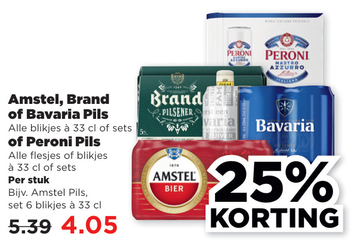Aanbieding: Amstel , Brand of Bavaria Pils Alle blikjes à 33 cl of sets of Peroni Pils Alle flesjes of blikjes à 33 cl of sets