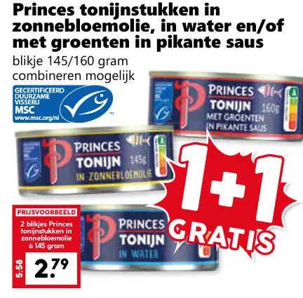 Aanbieding: tonijnstukken in zonnebloemolie, in water en/of met groenten in pikante saus