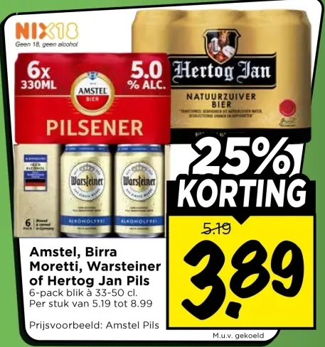 Aanbieding: Amstel, Birra Moretti, Warsteiner of Hertog Jan Pils