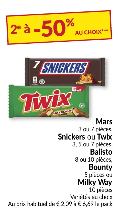 Offre: Mars, Snickers, Twix, Balisto, Bounty ou Milk