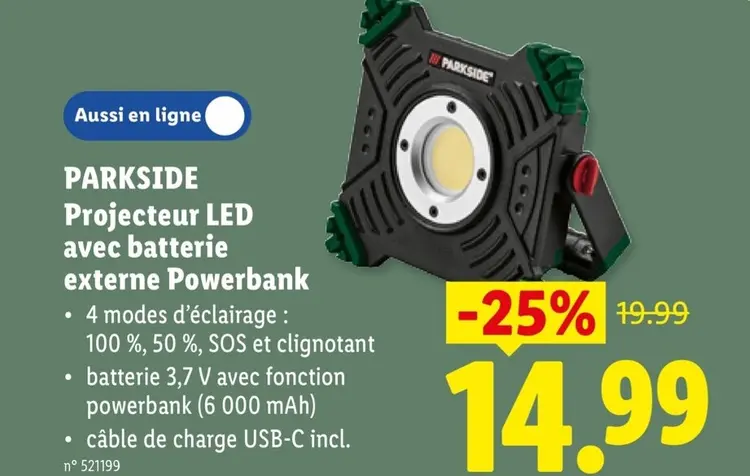 Offre: Projecteur LED avec batterie externe Powerbank