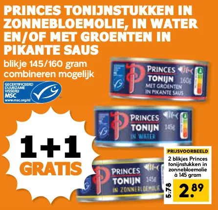 Aanbieding: Tonijnstukken in zonnebloemolie, in water en/of met groenten in pikante saus