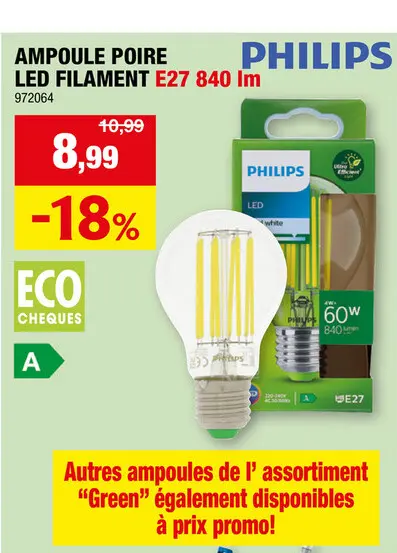 Offre: Philips ampoule LED poire filament E27 4W blanc froid