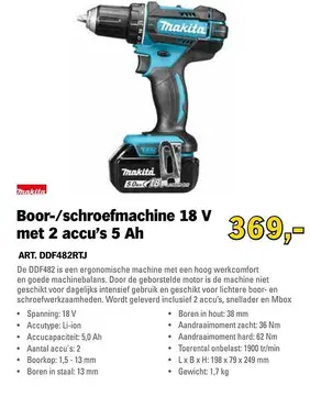 Aanbieding: Boor-/schroefmachine 18 V met 2 accu's 5 Ah