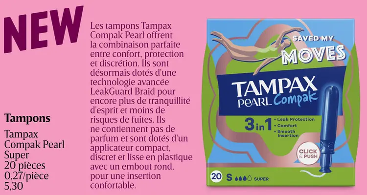 Offre: Tampons Tampax Compak Pearl Super
