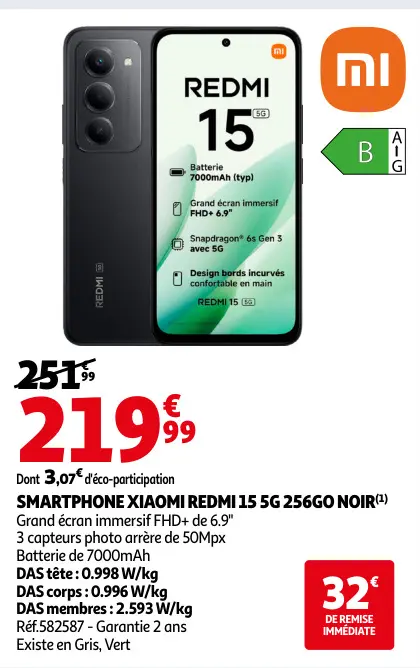 Offre: Smartphone XIAOMI REDMI 15 5g 256go noir