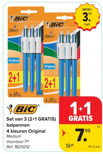 Promotie: Set van 3 (2+1 GRATIS) balpennen 4 kleuren Original Medium