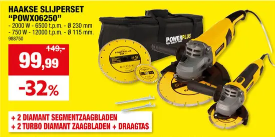 Promotie: Powerplus POWX06250 haakse slijper 2000W 230mm + 750W 115mm