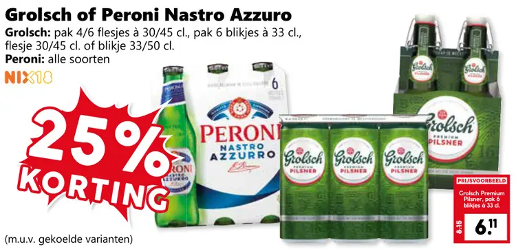 Aanbieding: Grolsch of Peroni Nastro Azzuro