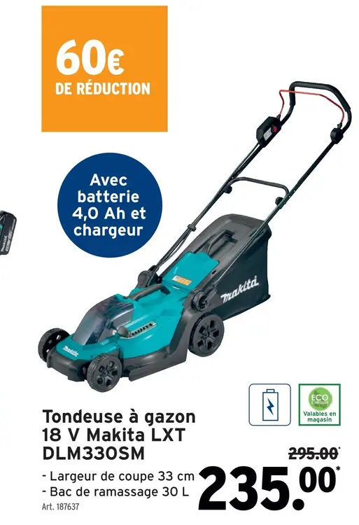 Offre: Tondeuse à gazon 18 V Makita LXT DLM330SM