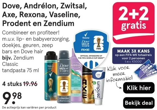 Aanbieding: Dove, Andrélon, Zwitsal, Axe, Rexona, Vaseline, Prodent en Zendium