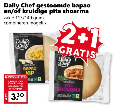 Aanbieding: gestoomde bapao en/of kruidige pita shoarma