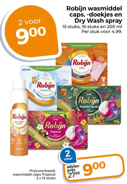 Aanbieding: Robijn wasmiddel caps, -doekjes en Dry Wash spray