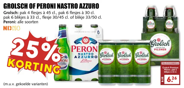 Aanbieding: Grolsch of Peroni Nastro Azzurro