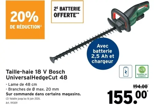 Offre: Taille-haie 18 V Bosch UniversalHedgeCut 48