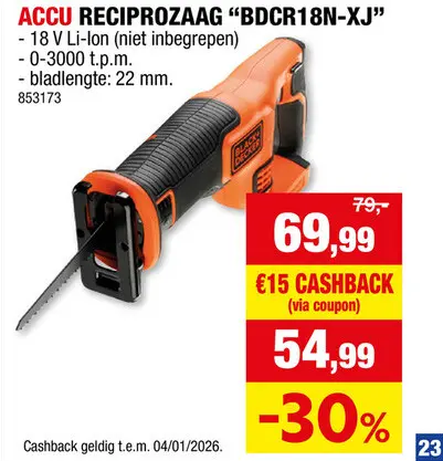 Promotie: Black+Decker BDCR18N-XJ accu reciprozaag 18V Li-Ion zonder accu