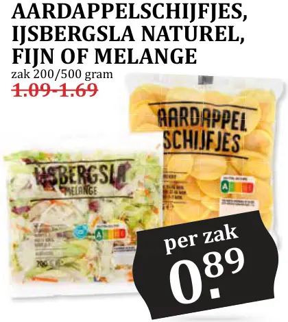 Aanbieding: Aardappelschijfjes, ijsbergsla naturel, fijn of melange