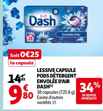Offre: Lessive capsule pods détergent envolée d'air dash