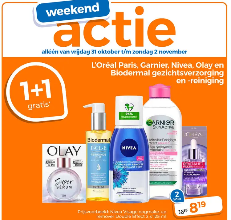 Aanbieding: L'oreal Paris, Garnier, Nivea, Olay en Biodermal gezichtsverzorging en -reiniging