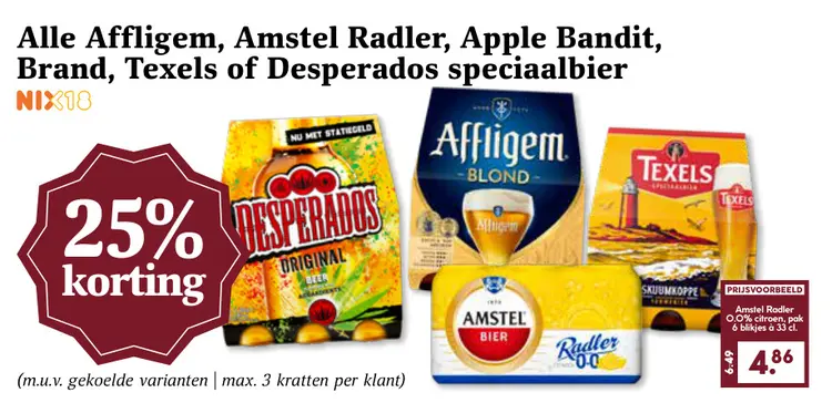 Aanbieding: Alle Affligem, Amstel Radler, Apple Bandit, Brand, Texels of Desperados speciaalbier