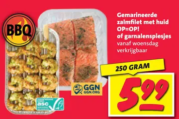 Aanbieding: Gemarineerde zalmfilet met huid of garnalenspiesjes