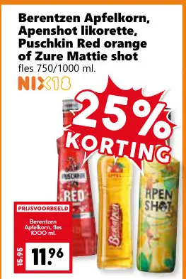 Aanbieding: Berentzen Apfelkorn, Apenshot likorette, Puschkin Red orange of Zure Mattie shot