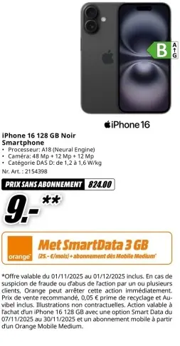 Offre: iPhone 16 128 GB Noir Smartphone