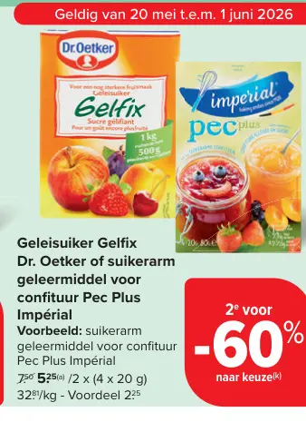 Promotie: Geleisuiker Gelfix Dr. Oetker of suikerarm geleermiddel voor confituur Pec Plus Impérial