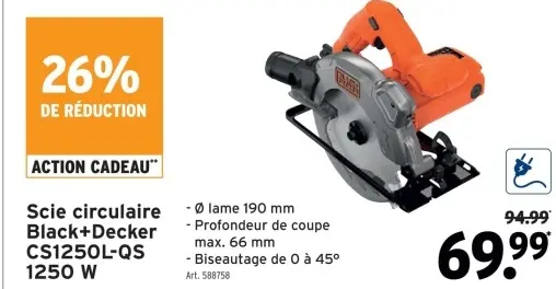 Offre: Scie circulaire Black+Decker CS1250L-QS 1250