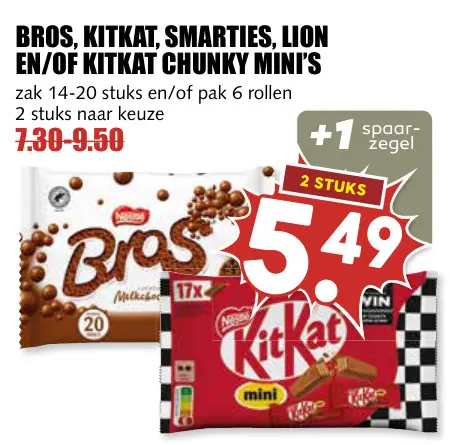 Aanbieding: Bros, KitKat, Smarties, Lion en/of KitKat chunky mini's