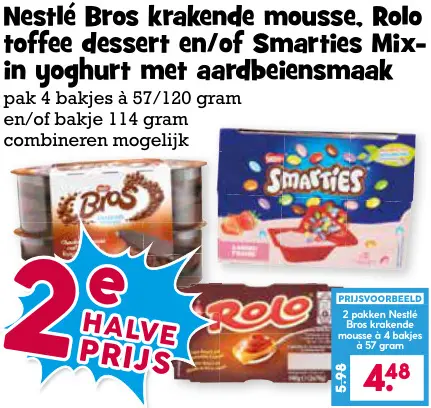 Aanbieding: Bros krakende mousse, Rolo toffee dessert en/of Smarties Mix-in yoghurt met aardbeiensmaak