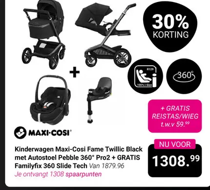 Aanbieding: Kinderwagen Maxi-Cosi Fame Twillic Black met Autostoel Pebble 360 Pro2 + gratis familyfix 360 slide tech