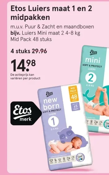 Aanbieding: Etos Luiers maat 1 en 2 midpakken