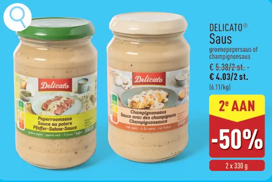 Promotie: Saus groenepepersaus of champignonsaus