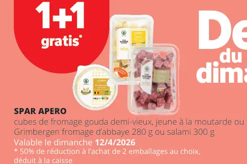 Offre: Spar apero cubes de fromage gouda demi-vieux, jeune a la moutarde ou Grimbergen fromage d'abbaye