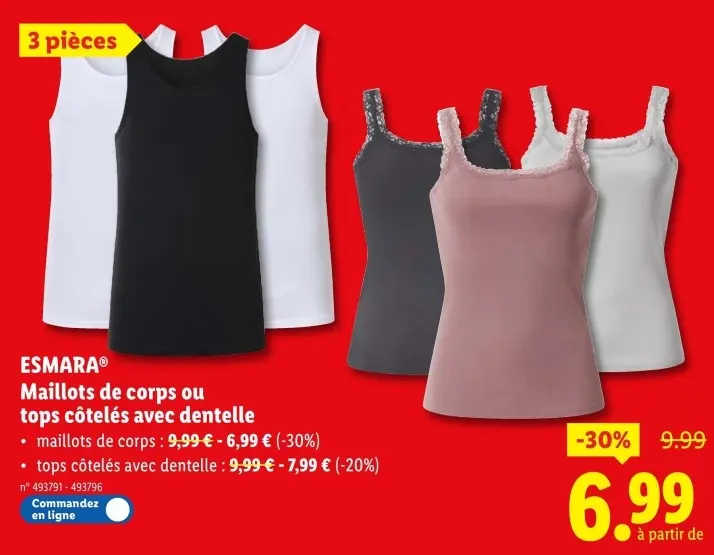 Offre: Maillots de corps ou tops côtelés avec dentel