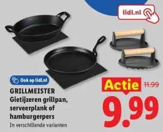 Aanbieding: Gietijzeren grillpan, serveerplank of hamburgerpers