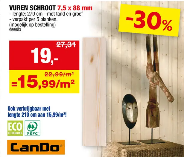 Promotie: Vurenhout 270x8,8 cm 7,5mm