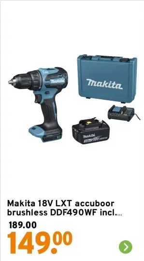 Aanbieding: Makita 18V LXT accuboor brushless DDF490WF