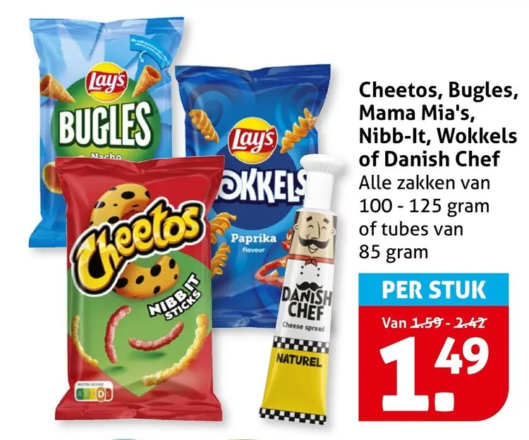 Aanbieding: Cheetos, Bugles, Mama Mia's, Nibb-It, Wokkels