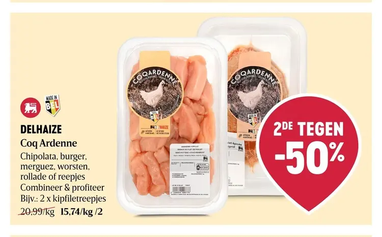 Promotie: Delhaize Coq Ardenne chipolata, burger, merguez, worsten, rollade of reepjes